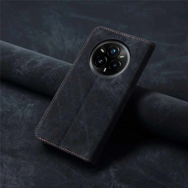 Hoesje voor Realme 14 Pro+ 5G met stofjeansstructuur, krasbestendig lederen standaard hoesje - Zwart