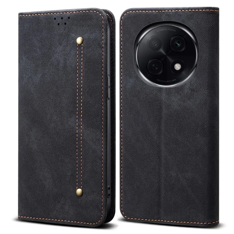 Voor Oppo F29 Pro 5G (Global) / A5 Pro 5G (China) Hoesje met Stoffen Jeansstructuur Anti-Kras Lederen Stand Hoes - Zwart