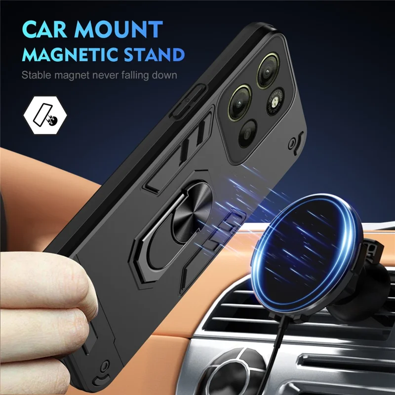 For Motorola Moto G15 4G Case PC+TPU Drop Defend Phone Cover with Ring Kickstand - Black
