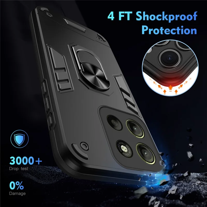 For Motorola Moto G15 4G Case PC+TPU Drop Defend Phone Cover with Ring Kickstand - Black