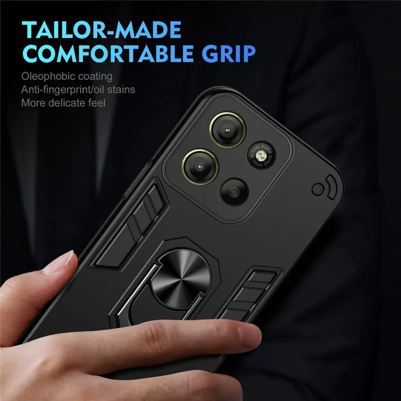 For Motorola Moto G15 4G Case PC+TPU Drop Defend Phone Cover with Ring Kickstand - Black
