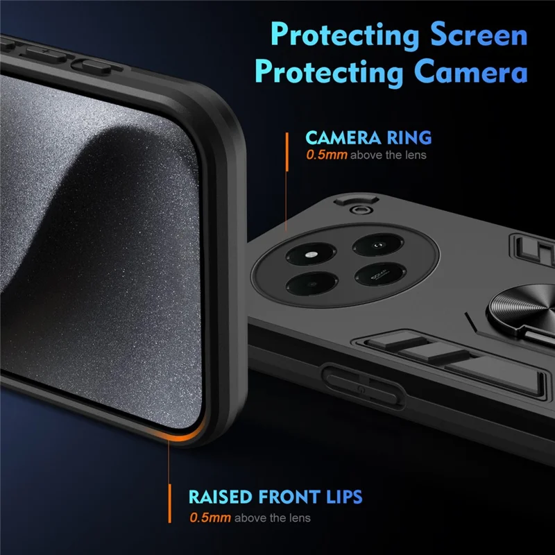 For Xiaomi Redmi A4 5G Case PC+TPU Drop Defend Phone Cover with Ring Kickstand - Black