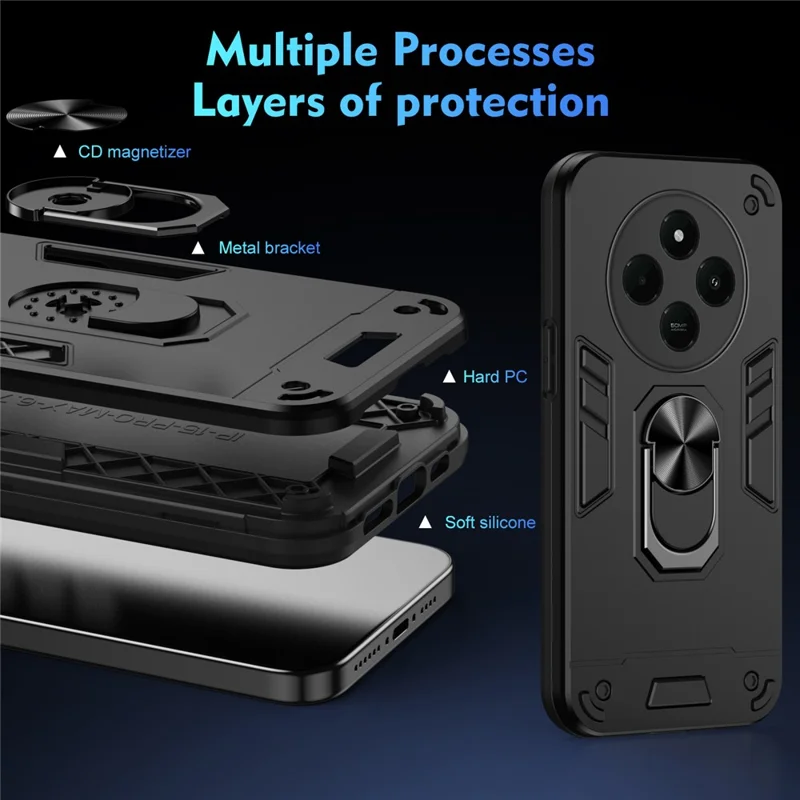 For Xiaomi Redmi A4 5G Case PC+TPU Drop Defend Phone Cover with Ring Kickstand - Black