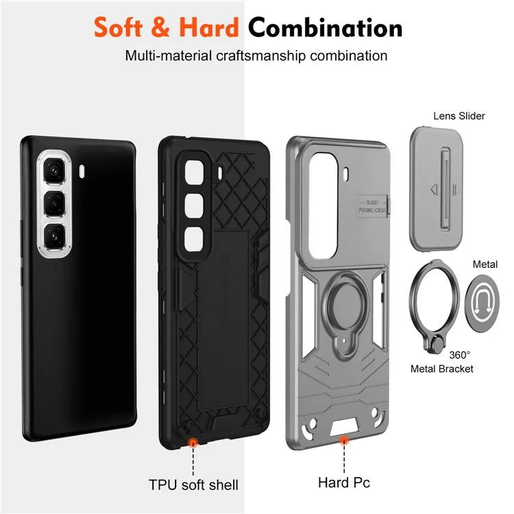 Pour Infinix Hot 50 Pro+ 4G Étui Coulissant Camshield avec Béquille PC+TPU pour Téléphone - Gris