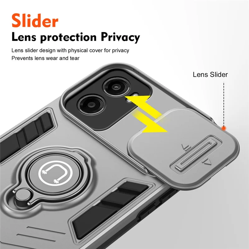 Voor Motorola Moto G05 4G hoesje Schuif Camshield Zwenkstand PC+TPU telefoonhoes - Grijs