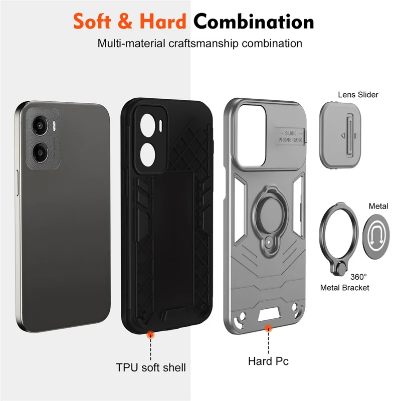 Voor Motorola Moto G05 4G hoesje Schuif Camshield Zwenkstand PC+TPU telefoonhoes - Grijs