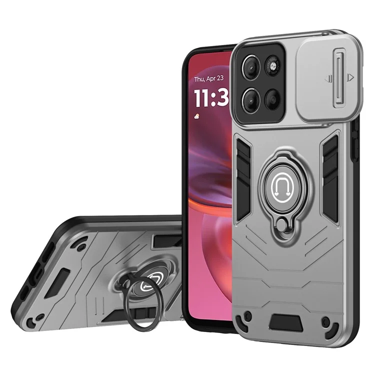 Für Motorola Moto G15 4G Hülle mit Schiebeschutz und Ständer, PC+TPU Handyhülle - Grau