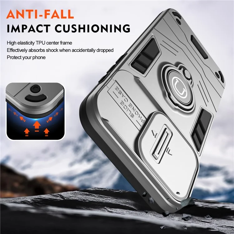 Für Motorola Moto G15 4G Hülle mit Schiebeschutz und Ständer, PC+TPU Handyhülle - Grau