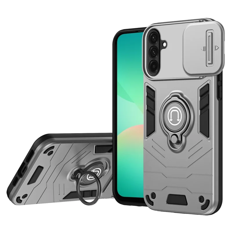 For Samsung Galaxy A26 5G Case Slide Camshield Kickstand PC+TPU Phone Cover - Grey