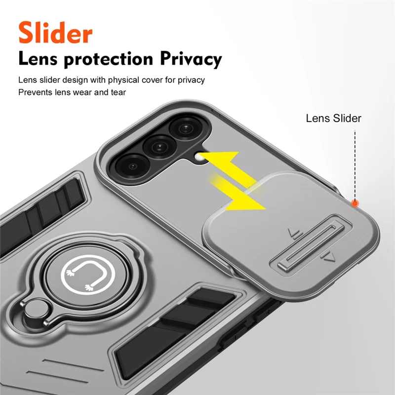 For Samsung Galaxy A26 5G Case Slide Camshield Kickstand PC+TPU Phone Cover - Grey