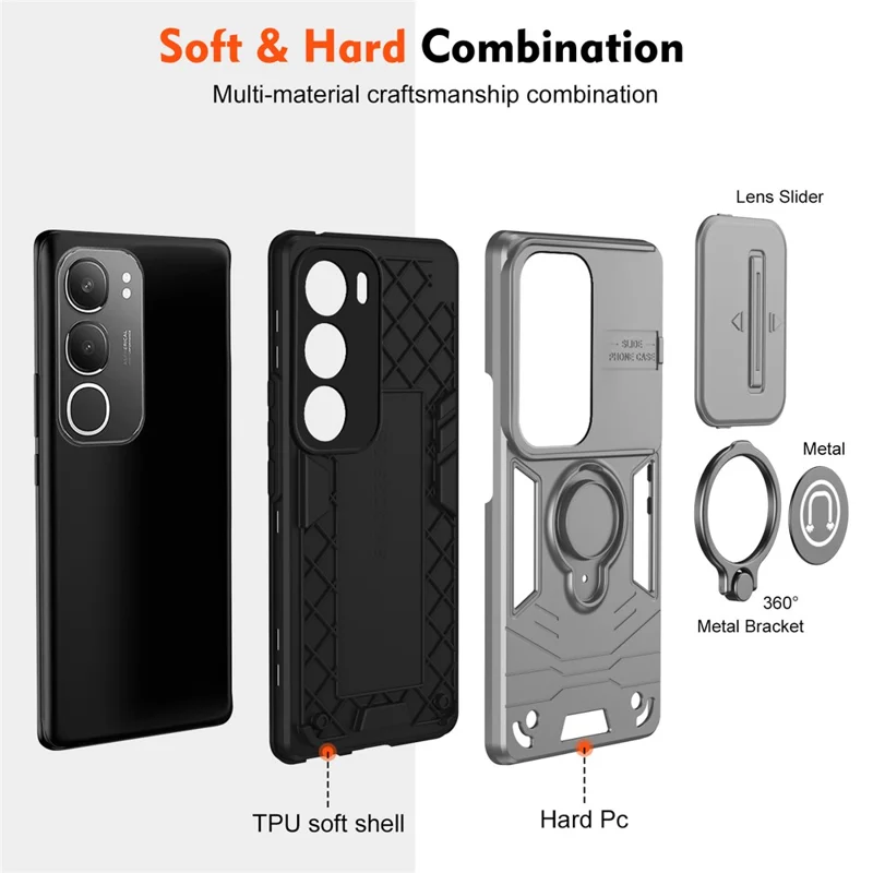 For vivo Y19s 4G Case Slide Camshield Kickstand PC+TPU Phone Cover - Grey