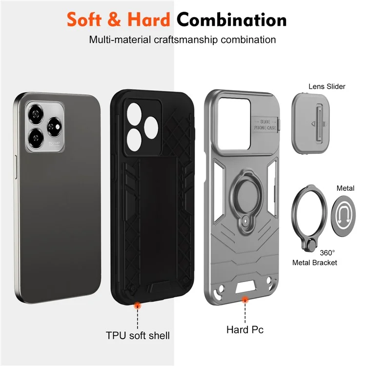 For ZTE Axon 60 Case Slide Camshield Kickstand PC+TPU Phone Cover - Grey