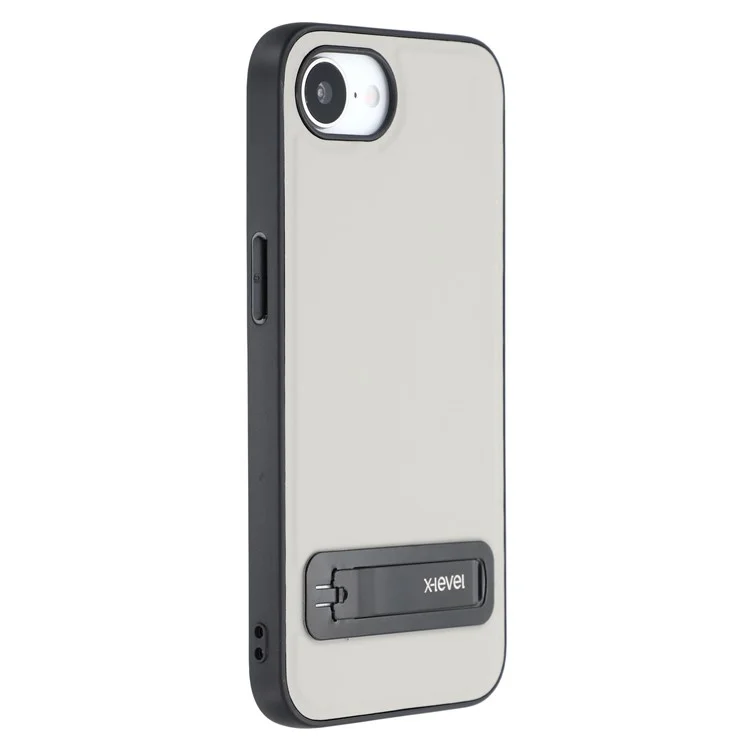 X-LEVEL For iPhone 16e Case Leather Coated PC TPU Phone Back Cover with Metal Kickstand - Grey