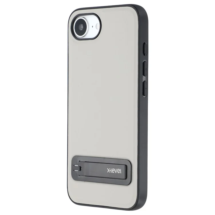 X-LEVEL For iPhone 16e Case Leather Coated PC TPU Phone Back Cover with Metal Kickstand - Grey