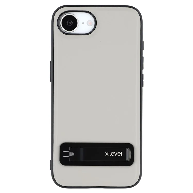 X-LEVEL For iPhone 16e Case Leather Coated PC TPU Phone Back Cover with Metal Kickstand - Grey