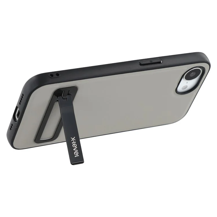 X-LEVEL For iPhone 16e Case Leather Coated PC TPU Phone Back Cover with Metal Kickstand - Grey