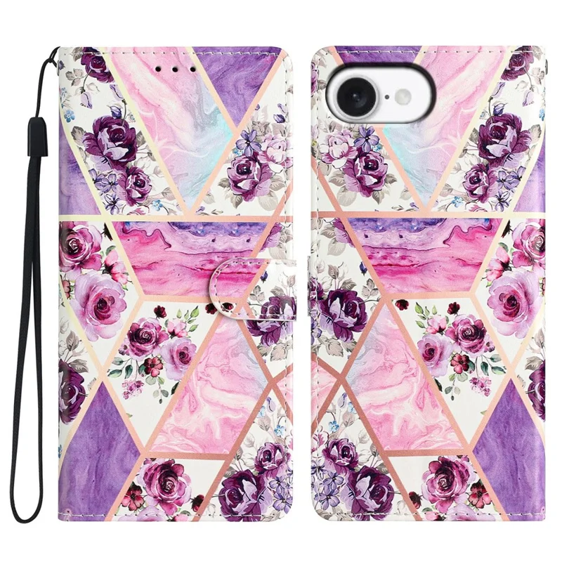 For iPhone 16e Wallet Case PU Leather Pattern Printing Stand Phone Cover with Strap - Purple Flowers