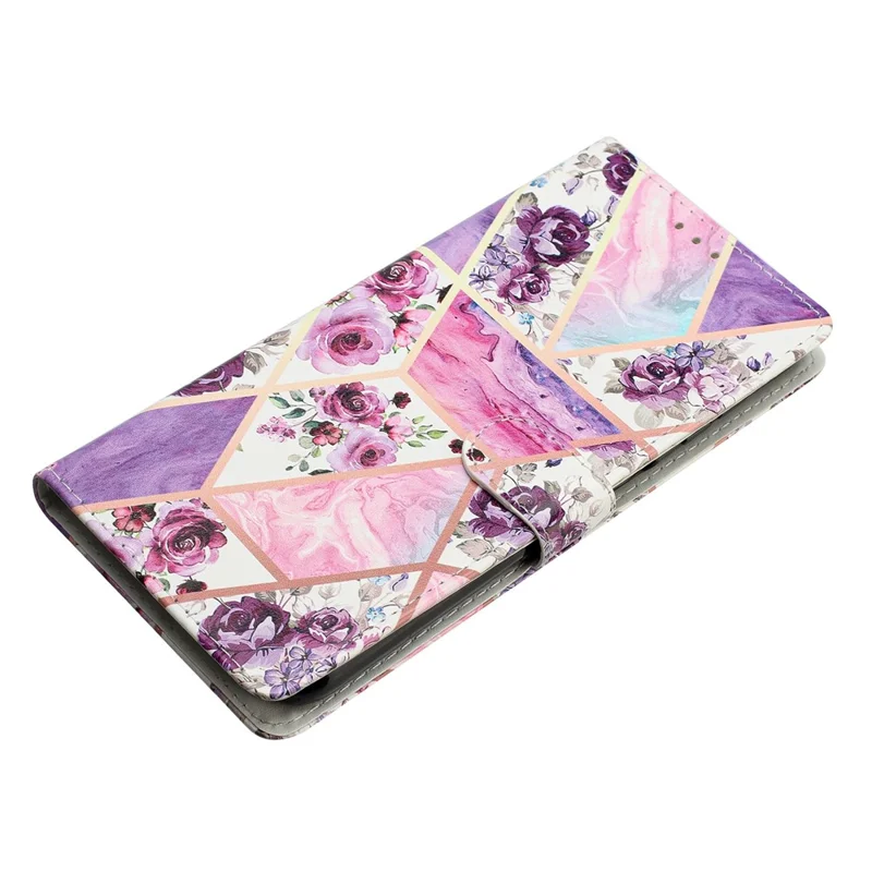 For iPhone 16e Wallet Case PU Leather Pattern Printing Stand Phone Cover with Strap - Purple Flowers