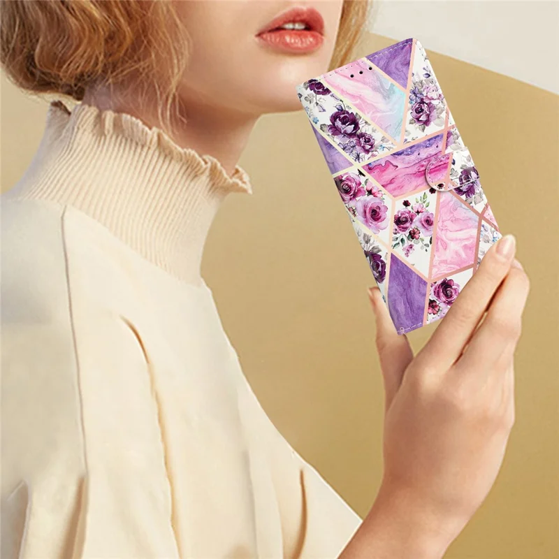For iPhone 16e Wallet Case PU Leather Pattern Printing Stand Phone Cover with Strap - Purple Flowers
