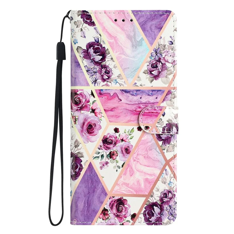 For iPhone 16e Wallet Case PU Leather Pattern Printing Stand Phone Cover with Strap - Purple Flowers