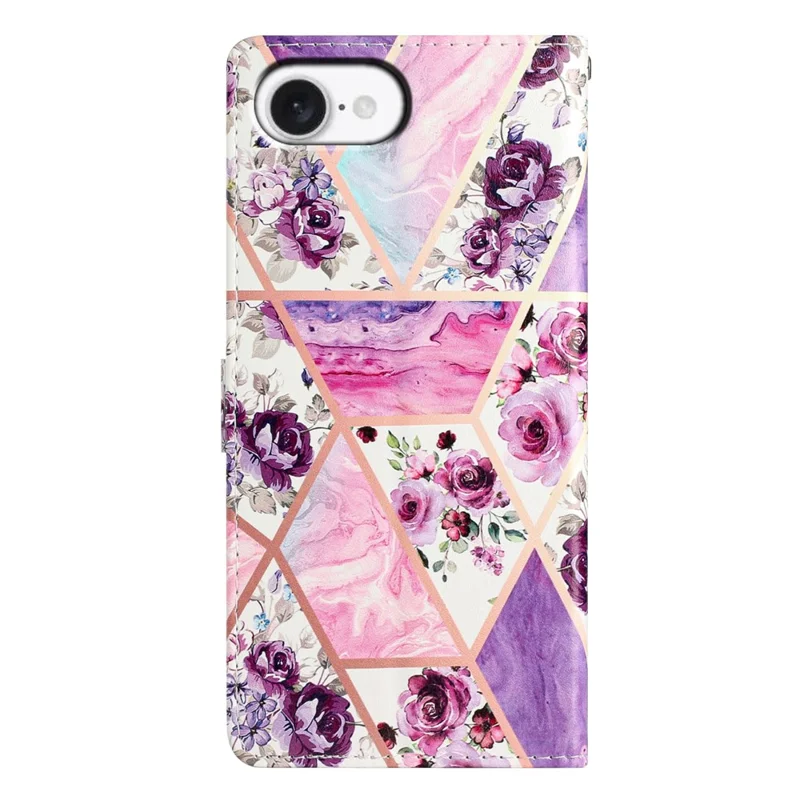 For iPhone 16e Wallet Case PU Leather Pattern Printing Stand Phone Cover with Strap - Purple Flowers