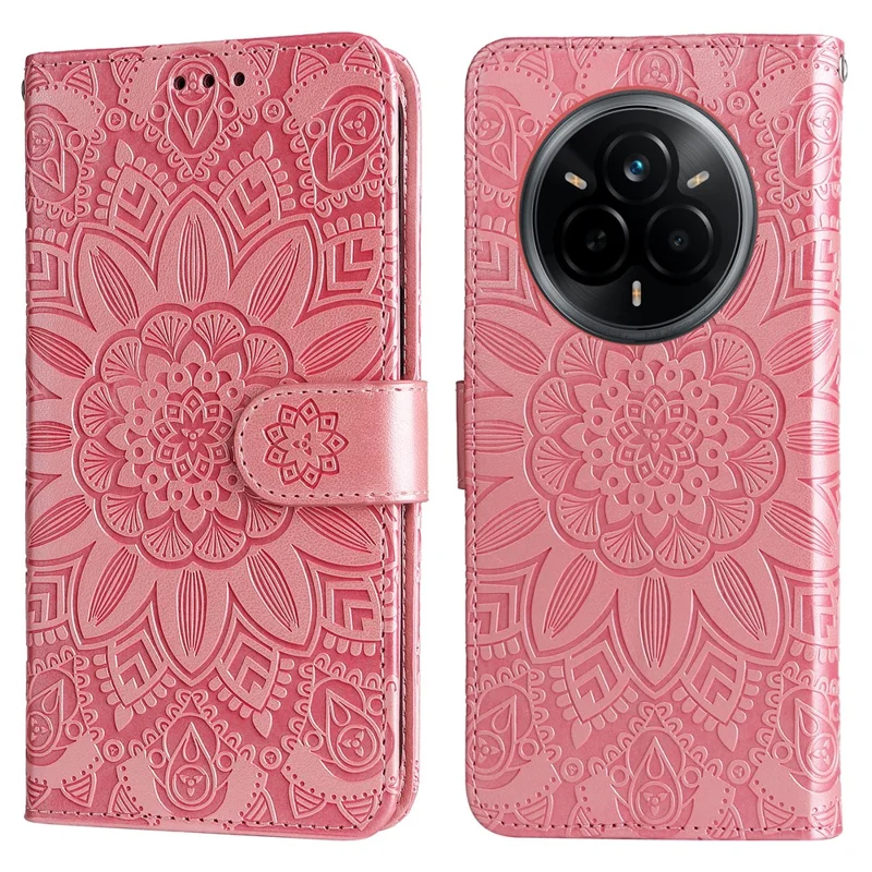 Voor Realme 14 Pro 5G hoesje met zonnebloemprint in lederen portemonnee-telefoonhoes - Roze