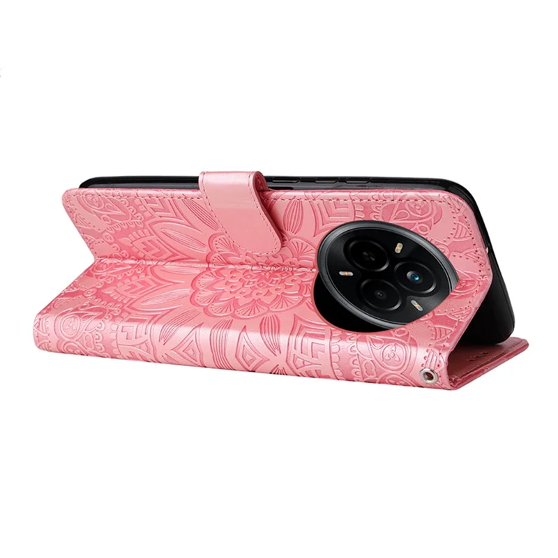 Voor Realme 14 Pro 5G hoesje met zonnebloemprint in lederen portemonnee-telefoonhoes - Roze