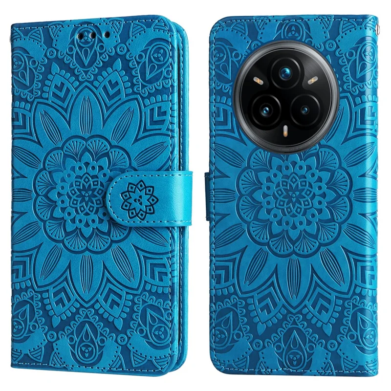 Voor Realme 14 Pro+ 5G hoesje met zonnebloemprint in lederen portemonnee-telefoonhoes - Blauw