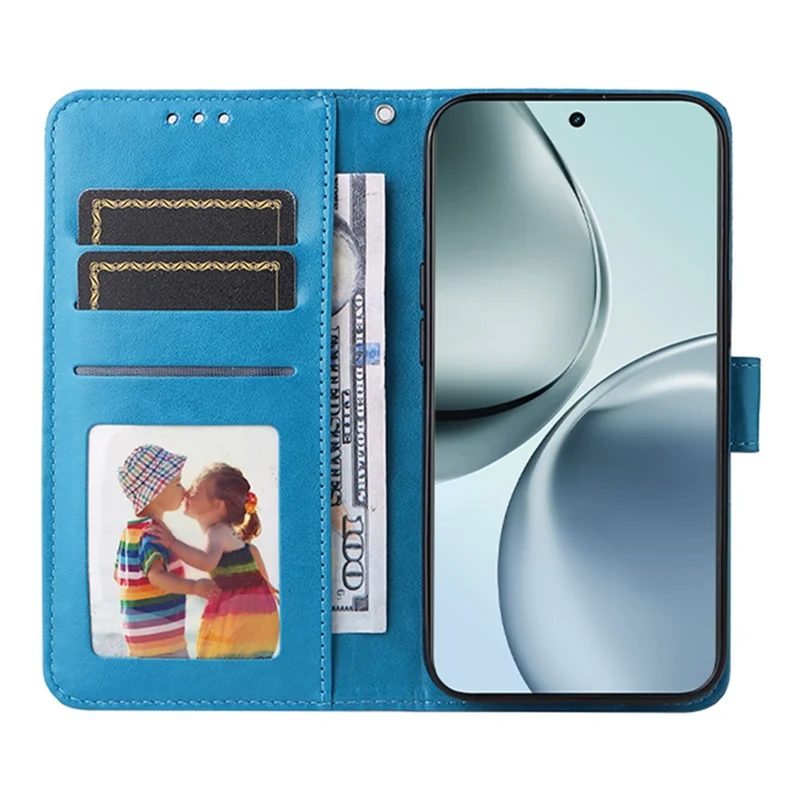 Voor Realme 14 Pro+ 5G hoesje met zonnebloemprint in lederen portemonnee-telefoonhoes - Blauw