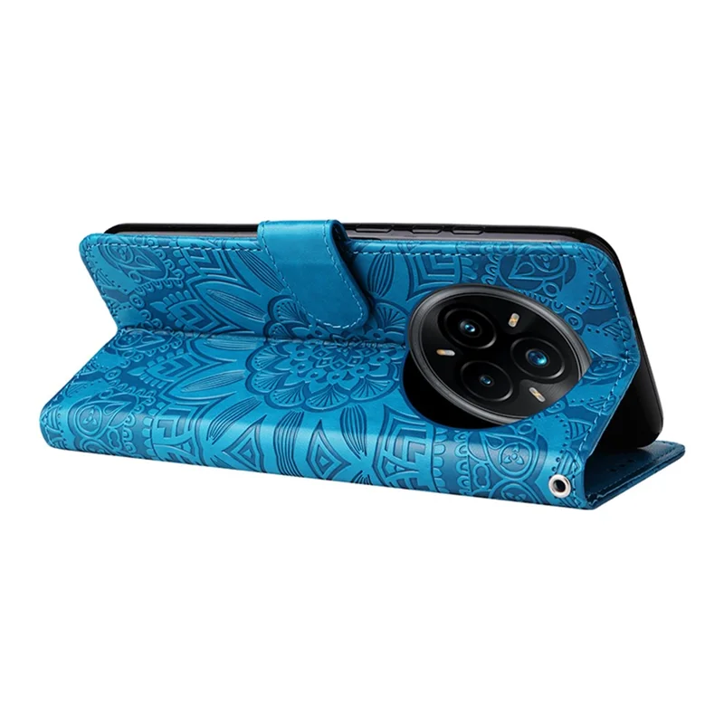 Voor Realme 14 Pro+ 5G hoesje met zonnebloemprint in lederen portemonnee-telefoonhoes - Blauw