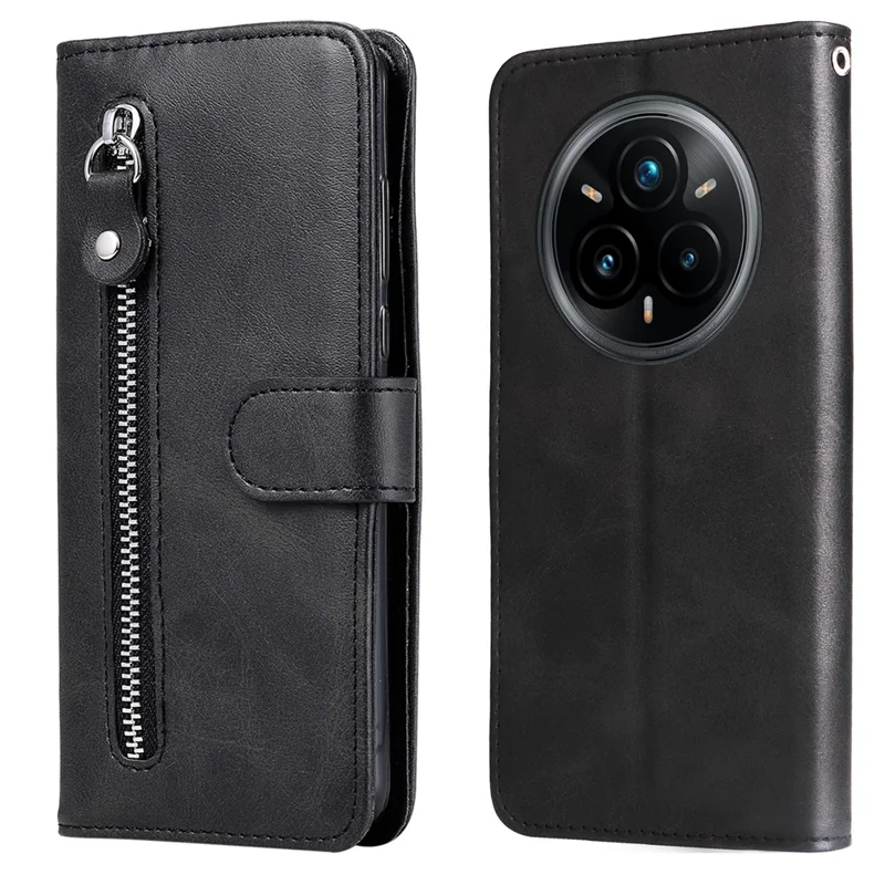 Obudowa z portfelem na Realme 14 Pro+ 5G, etui z zamkiem błyskawicznym, powłoka z syntetycznej skóry z fakturą cielęcej skóry - Czarny
