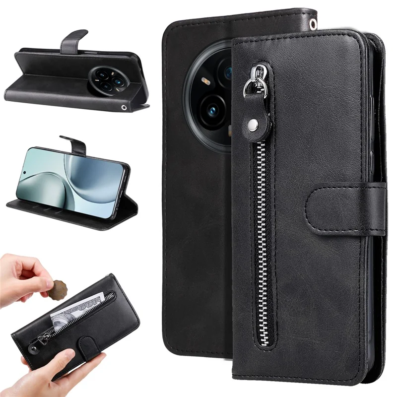 Obudowa z portfelem na Realme 14 Pro+ 5G, etui z zamkiem błyskawicznym, powłoka z syntetycznej skóry z fakturą cielęcej skóry - Czarny