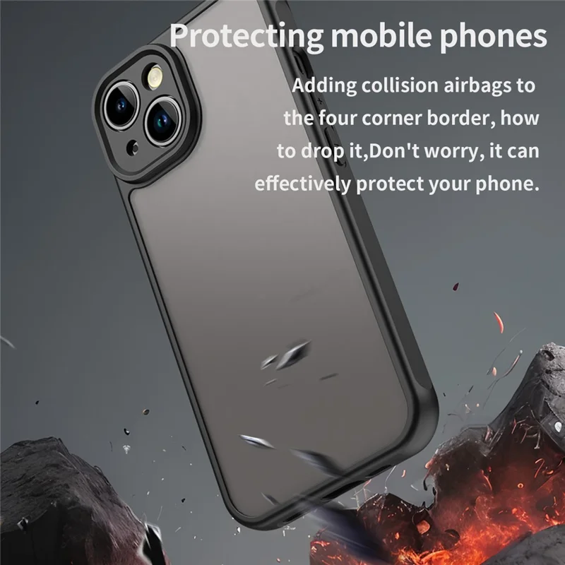 For iPhone 14 Case Drop Proof Airbags Frosted Translucent PC + TPU Phone Back Cover - Black
