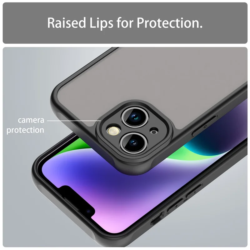 For iPhone 14 Case Drop Proof Airbags Frosted Translucent PC + TPU Phone Back Cover - Black