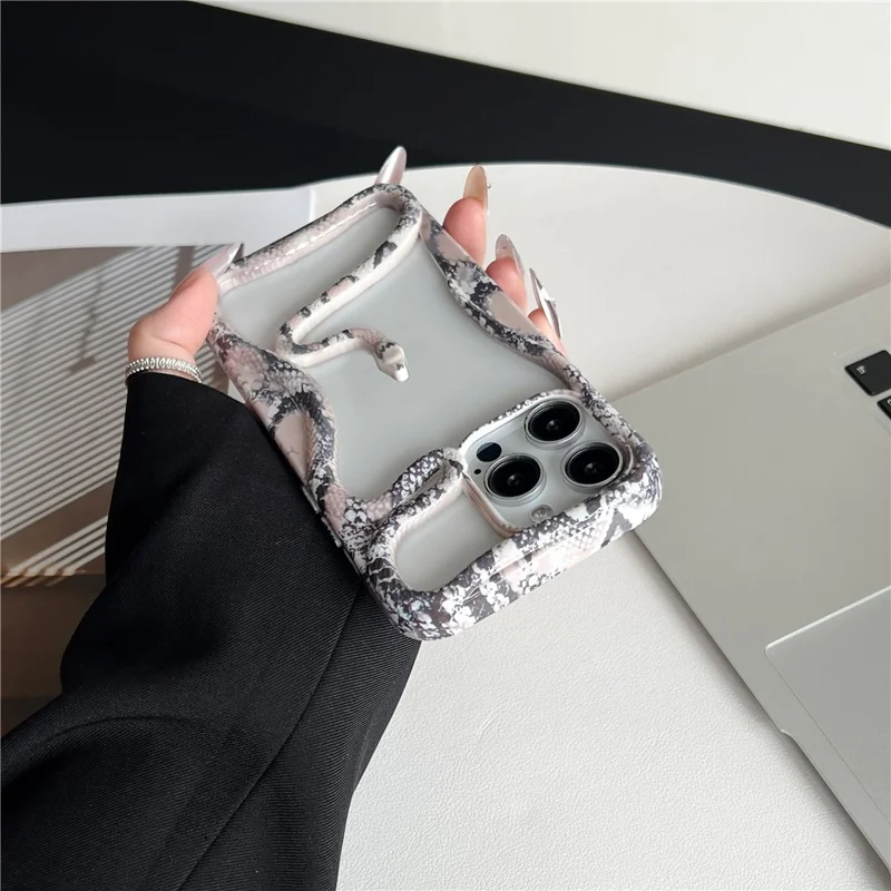 For iPhone 16 Pro Max Bumper Case Hollow Snake Decor TPU Phone Back Cover - White