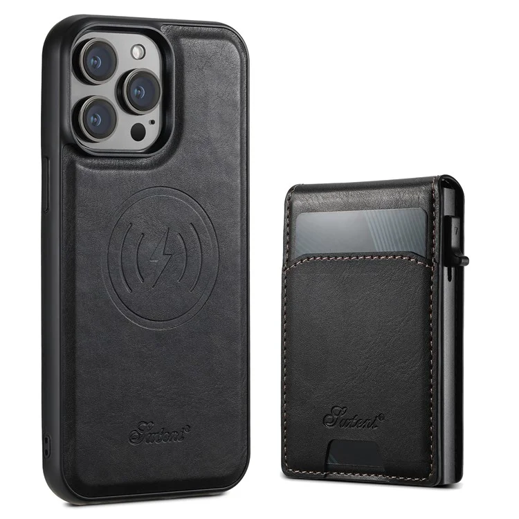 SUTENI H19 Étui Magnétique pour iPhone 15 Pro Max avec Texture Aspect Cuir, Emplacements pour Cartes, Coque Arrière en Cuir - Noir