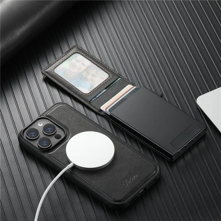 SUTENI H19 Étui Magnétique pour iPhone 15 Pro Max avec Texture Aspect Cuir, Emplacements pour Cartes, Coque Arrière en Cuir - Noir