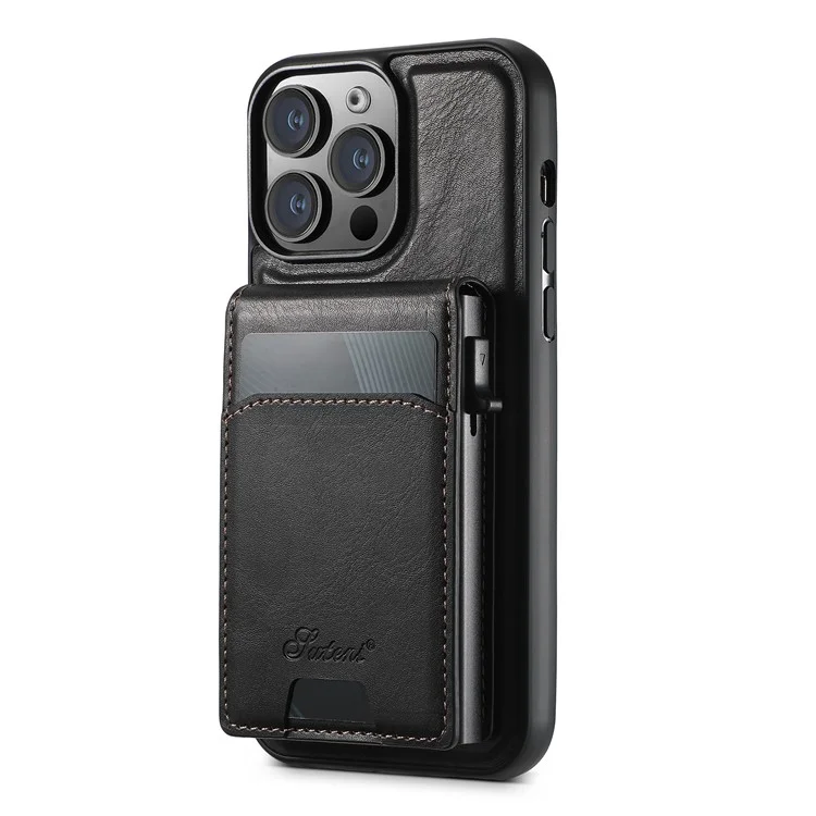 SUTENI H19 Étui Magnétique pour iPhone 15 Pro Max avec Texture Aspect Cuir, Emplacements pour Cartes, Coque Arrière en Cuir - Noir