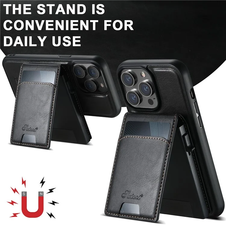 SUTENI H19 Étui Magnétique pour iPhone 15 Pro Max avec Texture Aspect Cuir, Emplacements pour Cartes, Coque Arrière en Cuir - Noir