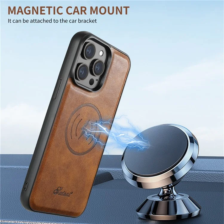 SUTENI H19 For iPhone 14 Pro Magnetic Case Waxy Texture Card Slots Leather Back Phone Cover - Brown
