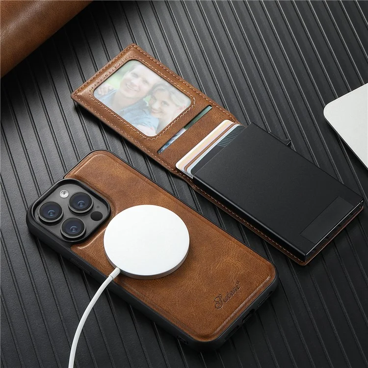 SUTENI H19 For iPhone 14 Pro Magnetic Case Waxy Texture Card Slots Leather Back Phone Cover - Brown