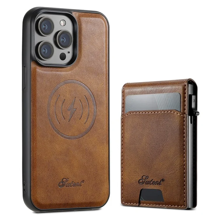 SUTENI H19 Étui magnétique en cuir pour iPhone 14 Pro Max avec emplacements pour cartes et texture cireuse - Marron