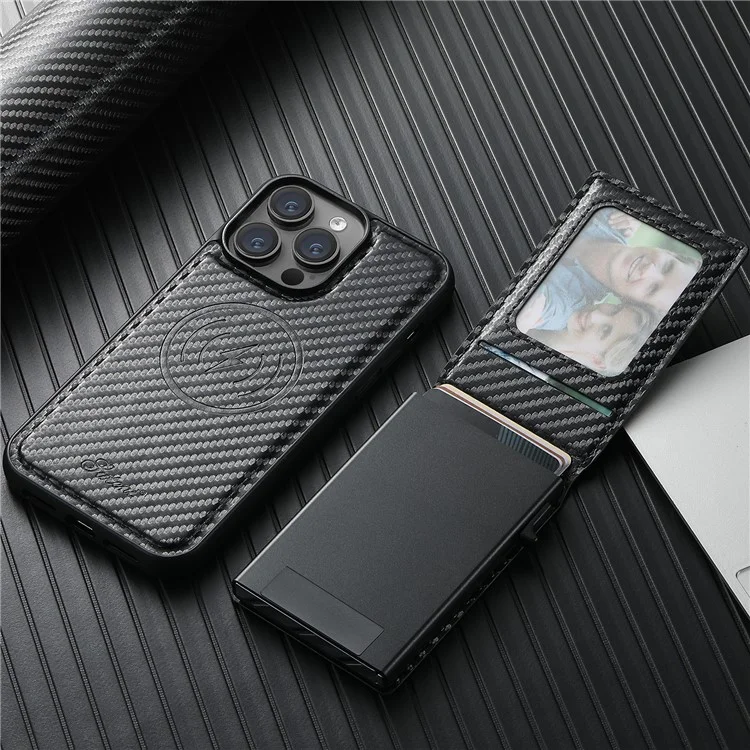 SUTENI H19 Étui Magnétique avec Texture en Fibre de Carbone pour iPhone 15 Pro Max, Couverture Arrière en Cuir avec Pochette pour Carte
