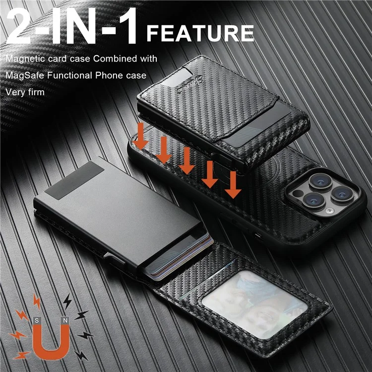 SUTENI H19 Étui Magnétique avec Texture en Fibre de Carbone pour iPhone 15 Pro Max, Couverture Arrière en Cuir avec Pochette pour Carte