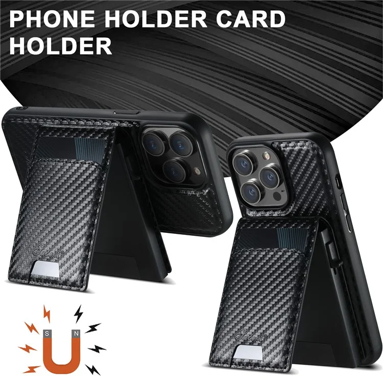 SUTENI H19 Funda Magnética de Fibra de Carbono para iPhone 14 Pro con Textura de Cuero y Bolsillo para Tarjetas