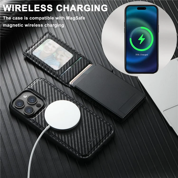 SUTENI H19 Funda Magnética de Fibra de Carbono para iPhone 14 Pro con Textura de Cuero y Bolsillo para Tarjetas