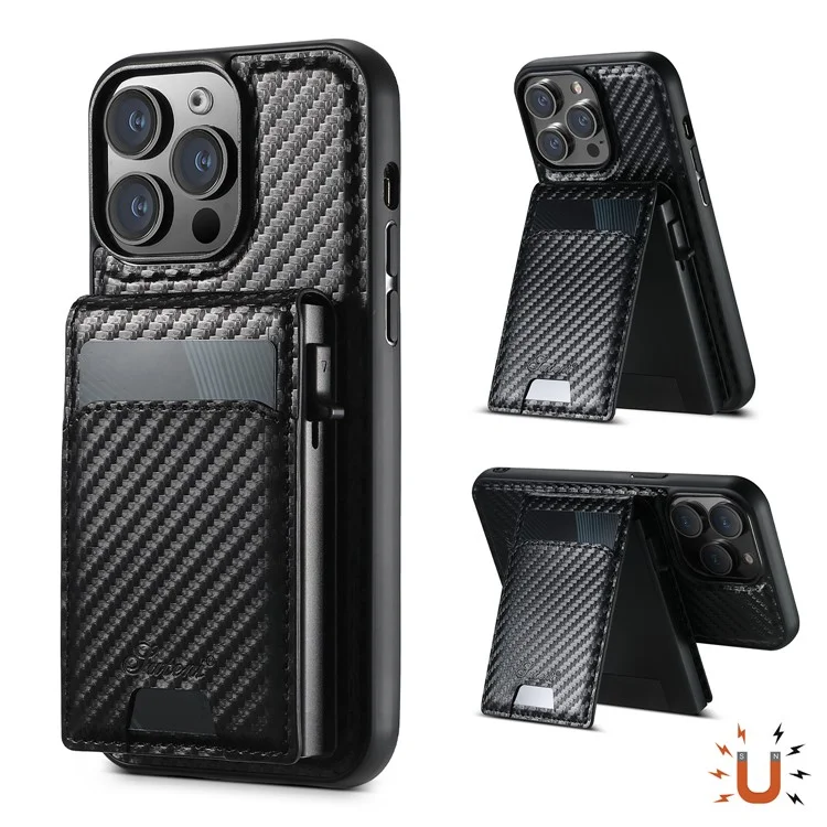 SUTENI H19 For iPhone 14 Pro Max Magnetic Case Carbon Fiber Texture Leather Back Cover with Card Bag