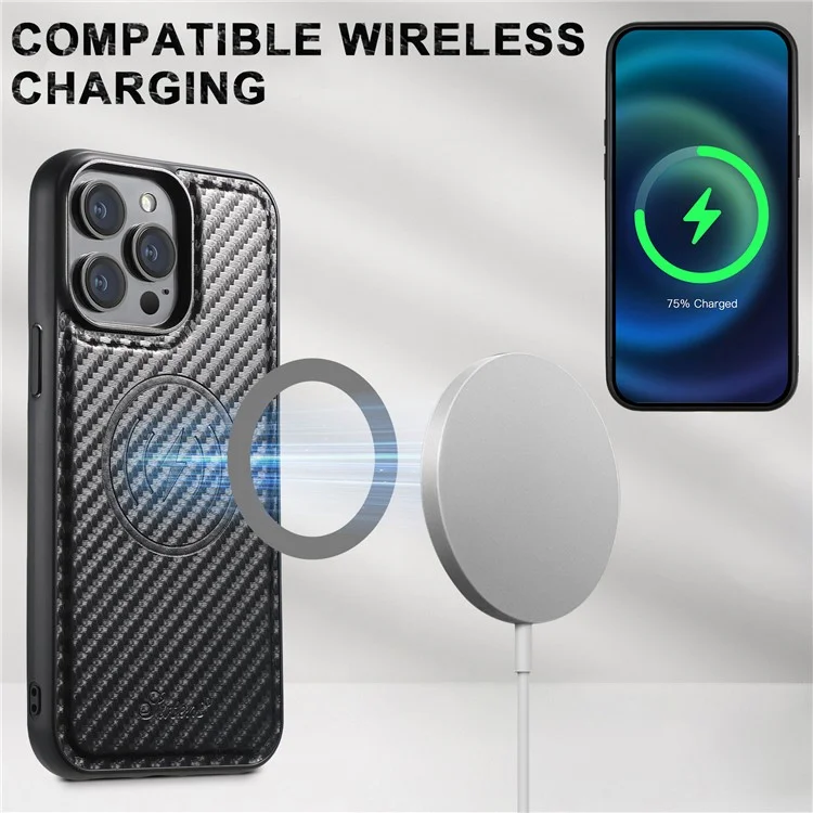 SUTENI H19 Étui Magnétique avec Texture en Fibre de Carbone pour iPhone 13 Pro Max, Housse Arrière en Cuir avec Pochette pour Carte
