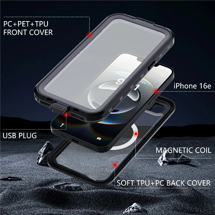 REDPEPPER Dot+ Série Étui pour iPhone 16e Compatible avec MagSafe IP68 Étanche Coque Transparente - Noir