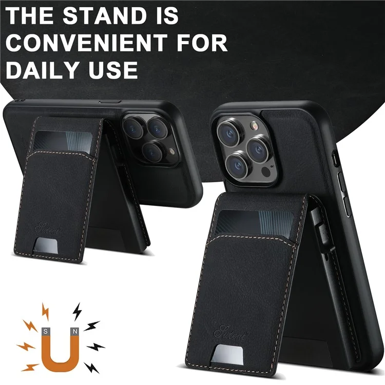 SUTENI H19 For iPhone 14 Pro Magnetic Case Card Holder Kickstand Litchi Texture Leather Back Cover - Black
